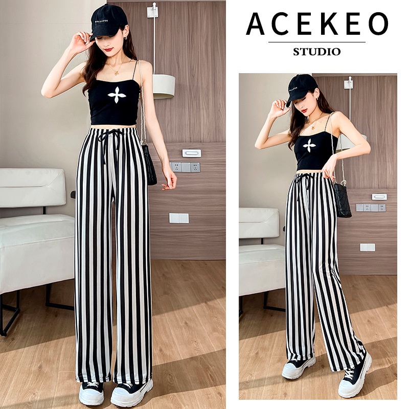 Quần Dài Lưng Cao Ống Rộng Họa Tiết Kẻ Sọc Trắng Đen Phong Cách Hàn Quốc Thời Trang Mùa Hè Cho Nữ