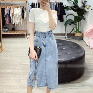 chân váy bò jeans chữ A xoè xẻ trước lệch co dãn 4c