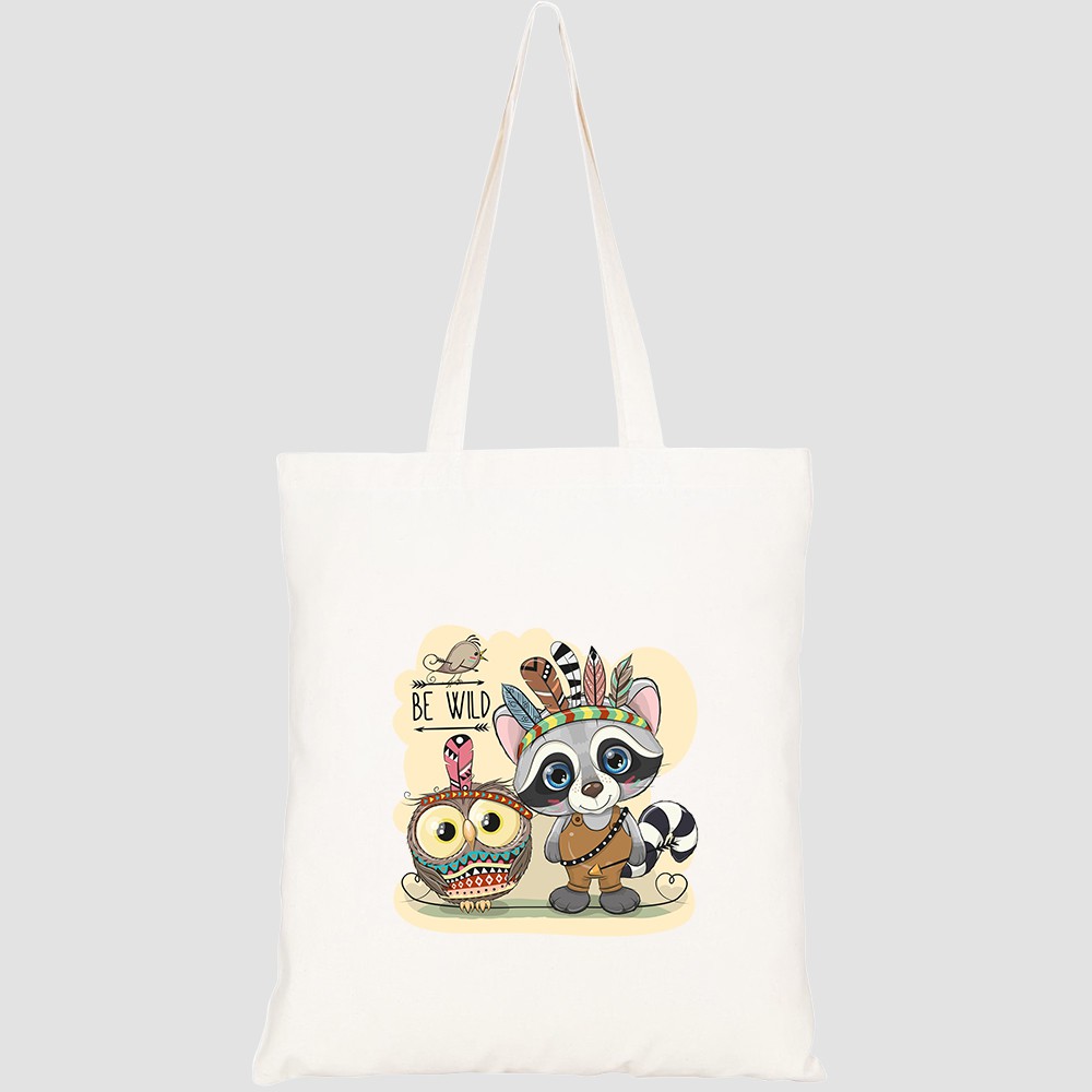 Túi vải tote canvas HTFashion in hình cute cartoon tribal raccoon owl HT346