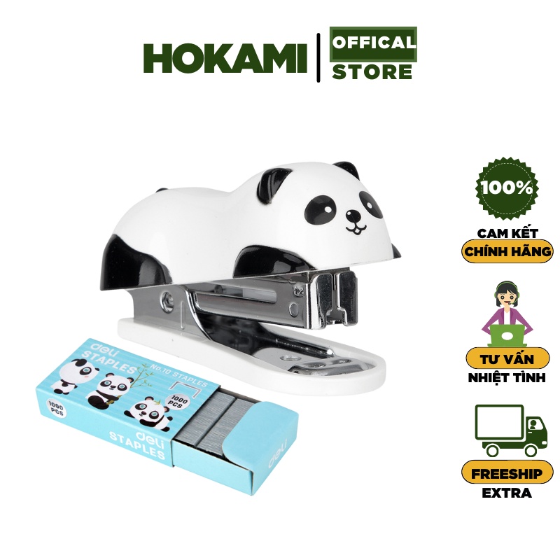 Dập ghim mini Deli kèm hộp đạn ghim số 10 – ghim bấm 12 trang/ E0453 - hình gấu trúc dễ thương - HOKAMI STORE