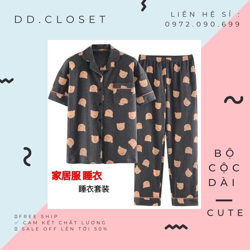 Bộ đồ ngủ pijama nữ cộc tay quần dài chất lụa Kate Thái mềm mịn màu xám đen họa tiết đầu gấu nâu xinh - CD0065