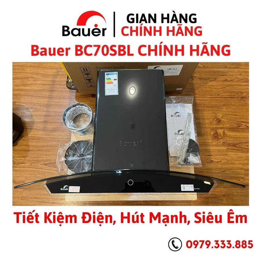 Máy Hút Mùi Smart BAUER BC 70SBL, hút mùi kính cong Bauer bc 70sbl, hút mạnh, siêu êm, siêu bền