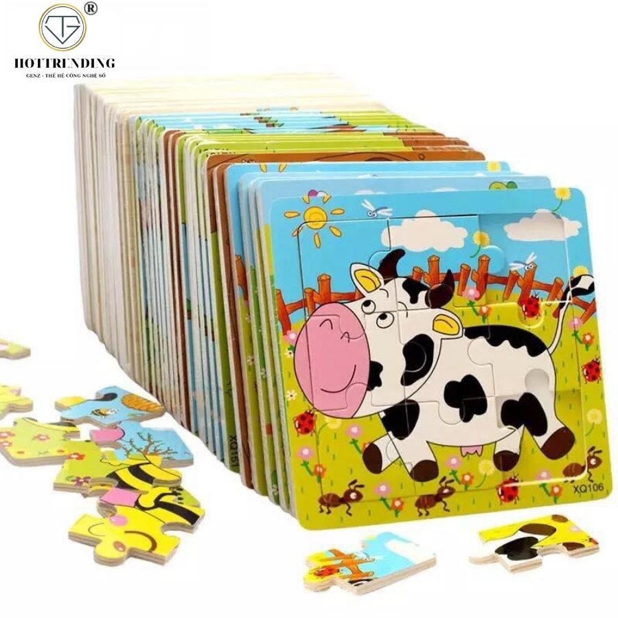 Tranh Ghép Hình Cho Bé, Tranh Ghép Hình 9 Mảnh Gỗ Tự Nhiên An Toàn Kích Thước 15cmx15cmx0.5cm