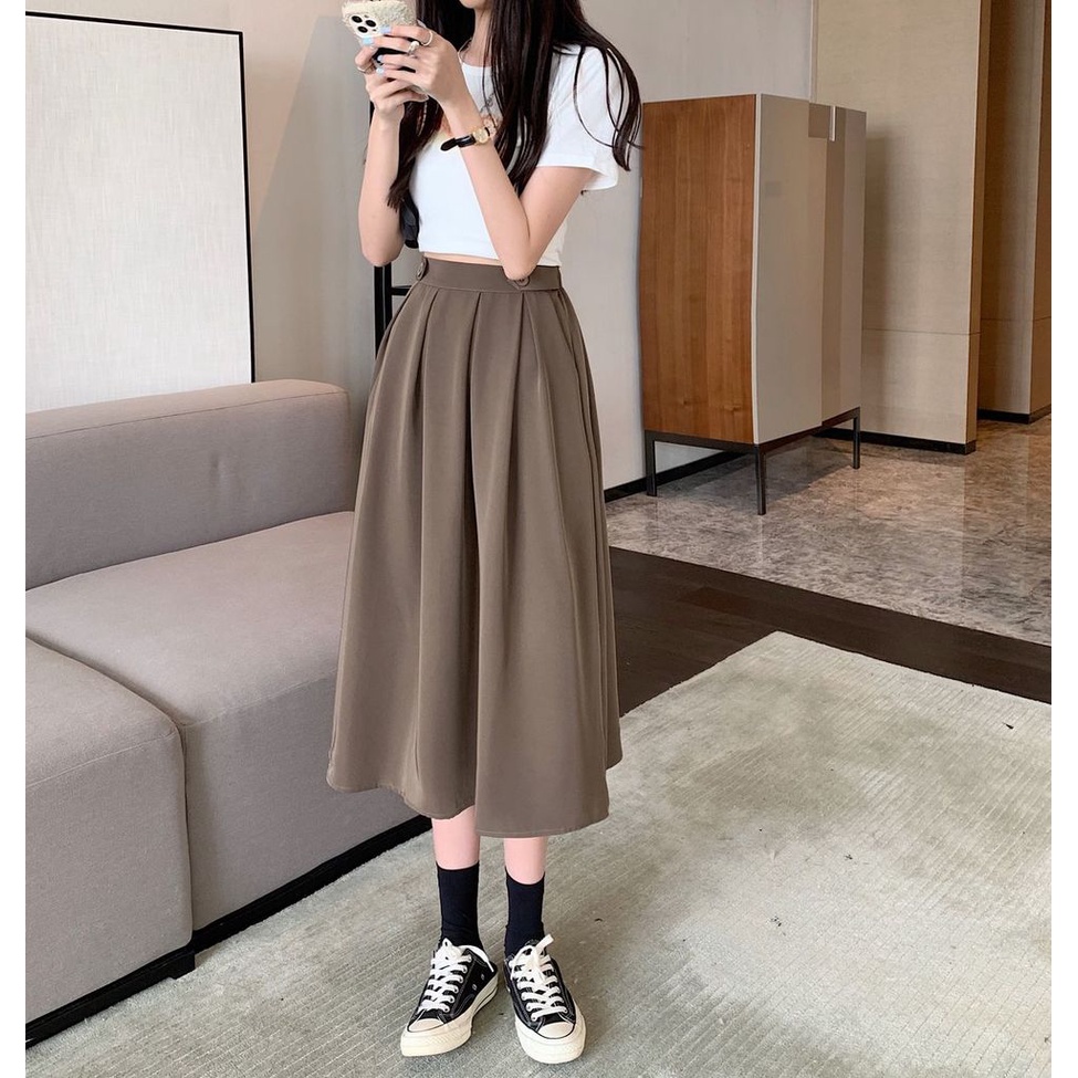 Chân Váy Chữ A Xếp Ly Lưng Cao Co Giãn Thời Trang Mới Cho Nữ