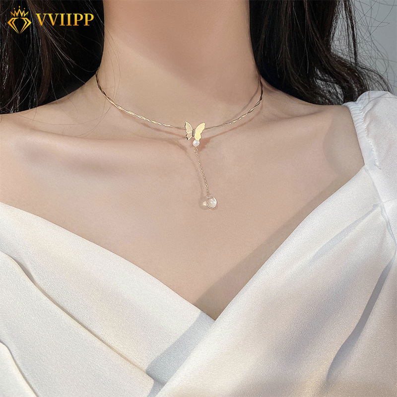 Dây Chuyền Mạ Vàng Mặt Hình Bướm Đính Ngọc Trai Nhân Tạo Phong Cách Hàn Quốc