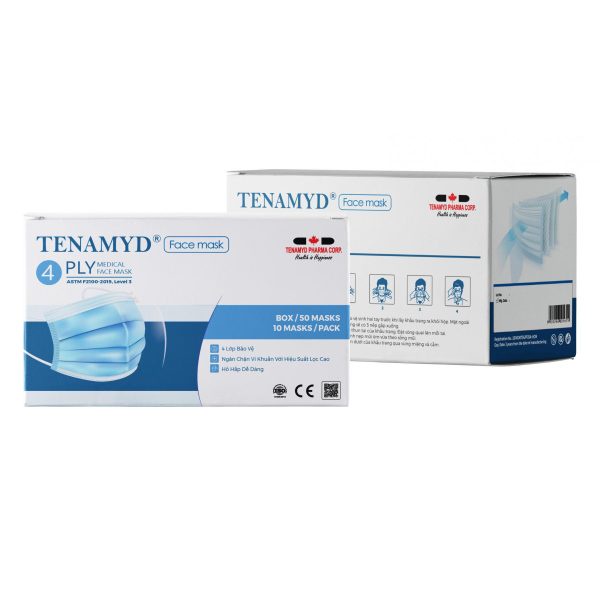 KHẨU TRANG Y TẾ 4 LỚP màu xanh - TENAMYD- hiệu suất lọc đạt chuẩn của Type IIR, ASTM 3 - lọc khuẩn, bụi và chất độc - H