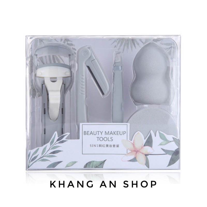 Set dụng cụ trang điểm 5in1 kẹp mi - dao cạo mày - nhíp - mút tán nền - bông phủ phấn Lameila