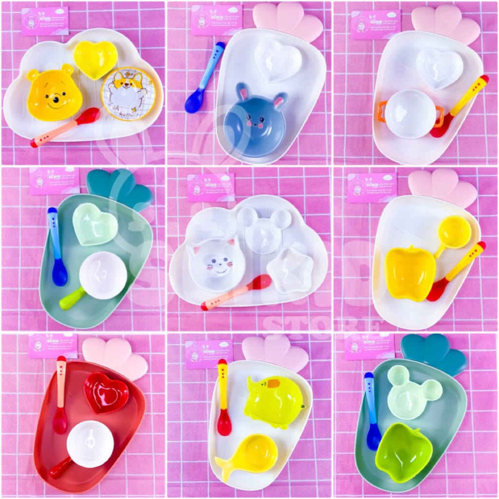 Combo Set Bát Sứ Ăn Dặm Hình Dâu, Mây Cho Bé Đủ Màu Ngộ Nghĩnh Kèm Thìa Báo Nóng Seikid Store
