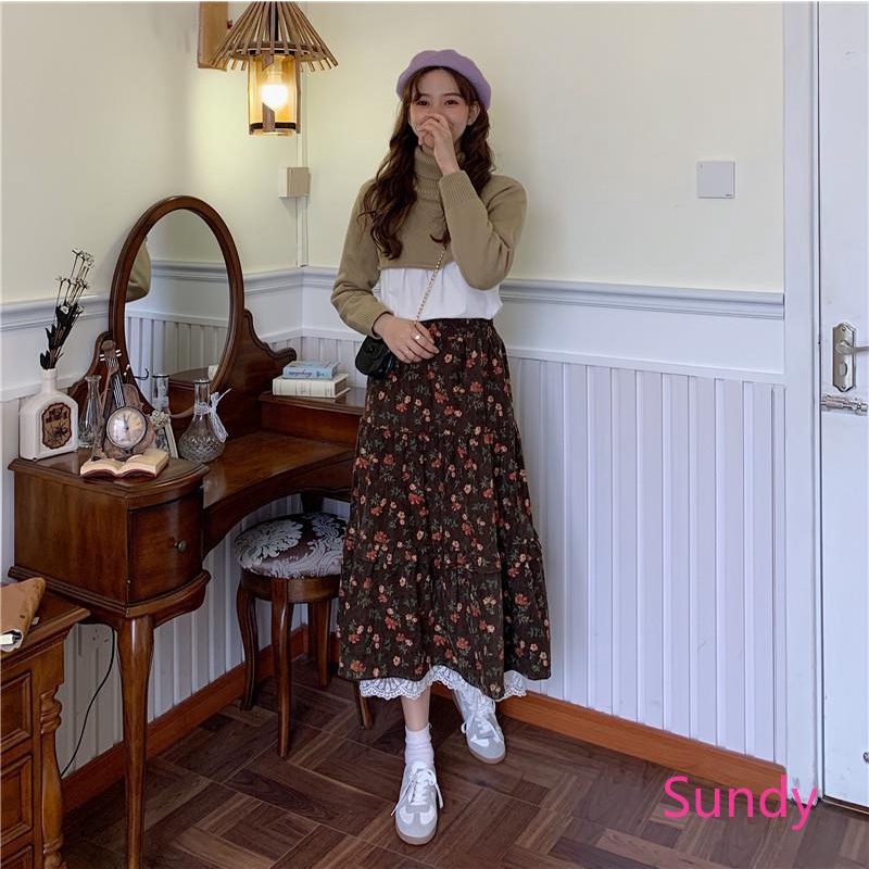 Chân Váy Ren Hoa Lưng Cao Thời Trang Mùa Xuân Vintage Dành Cho Nữ