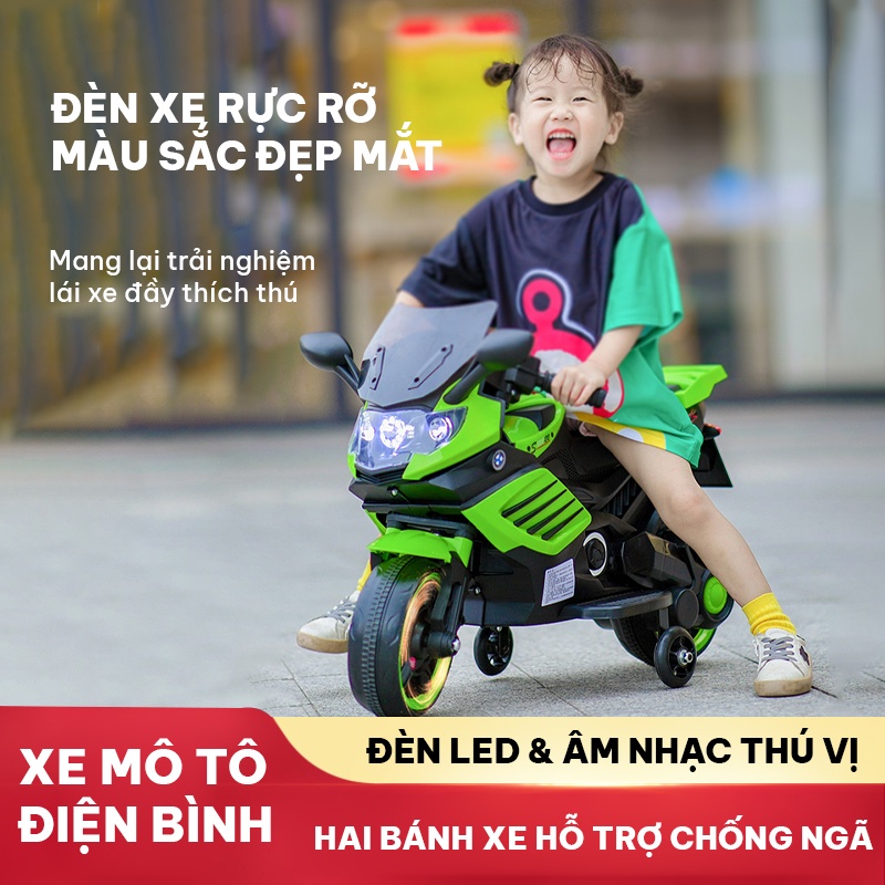 Xe mô tô điện trẻ em có 2 bánh hỗ trợ chống ngã giữ thăng bằng lốp xe chống trượt bám đường tốt có đèn LED và âm nhạc