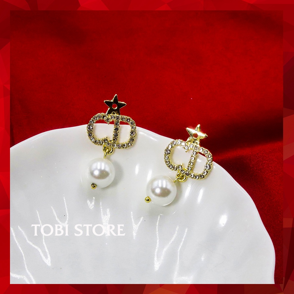 Bông tai nữ thương hiệu CD đính đá thả ngọc trai nhân tạo xinh xắn TB435 TOBI STORE