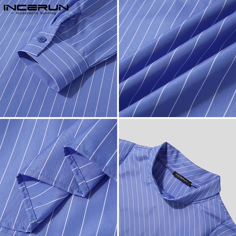 Áo INCERUN họa tiết sọc kiểu dáng không đồng đều tay dài cổ cao dành cho nam