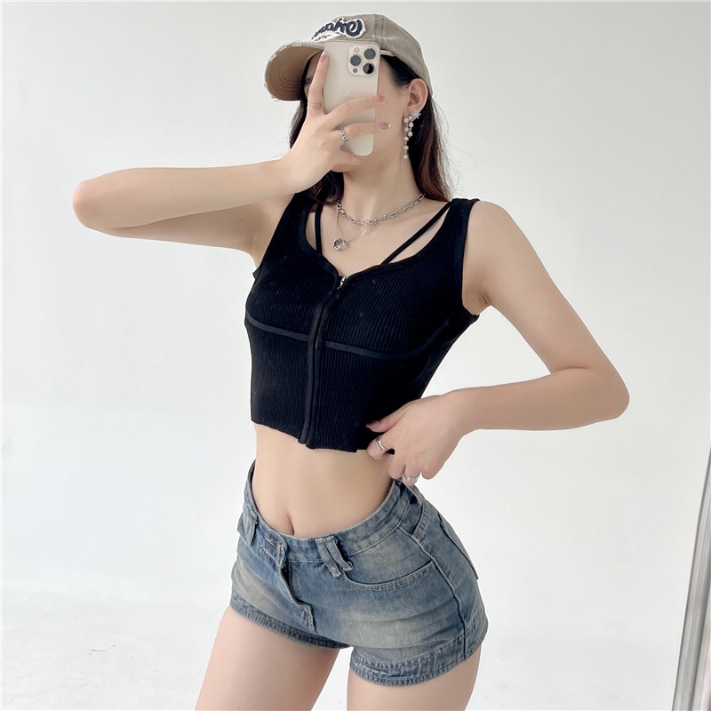 SUXI Áo Croptop Dệt Kim Không Tay Màu Sắc Đơn Giản Dễ Phối Đồ