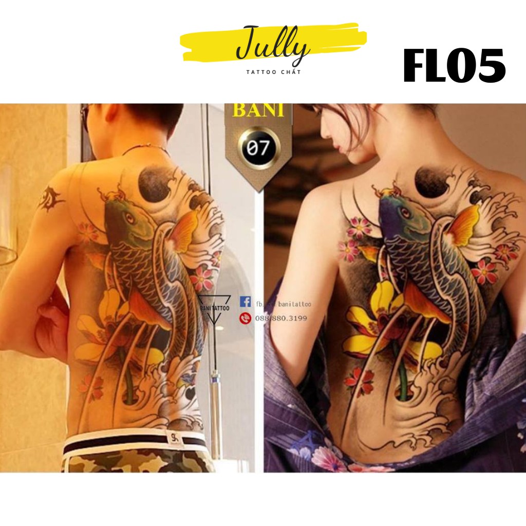 Hình xăm dán kín, full, bít lưng cá chép hóa rồng, song ngư, xăm tạm thời chống nước JULLY Tattoo chất