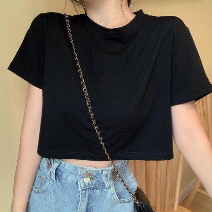 Áo croptop nữ cổ tròn tay ngắn trơn form rộng unisex 40-65kg