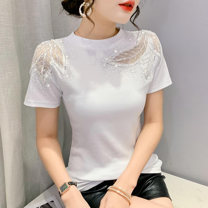 Áo Thun Tay Ngắn Cổ Tròn Phối Ren Đính Đá Thời Trang Mới áo lưới tay ngắn áo kiểu trễ vai