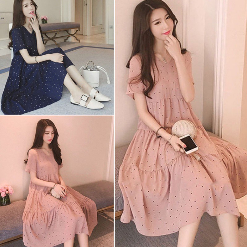 Đầm bầu voan chấm bi nhí