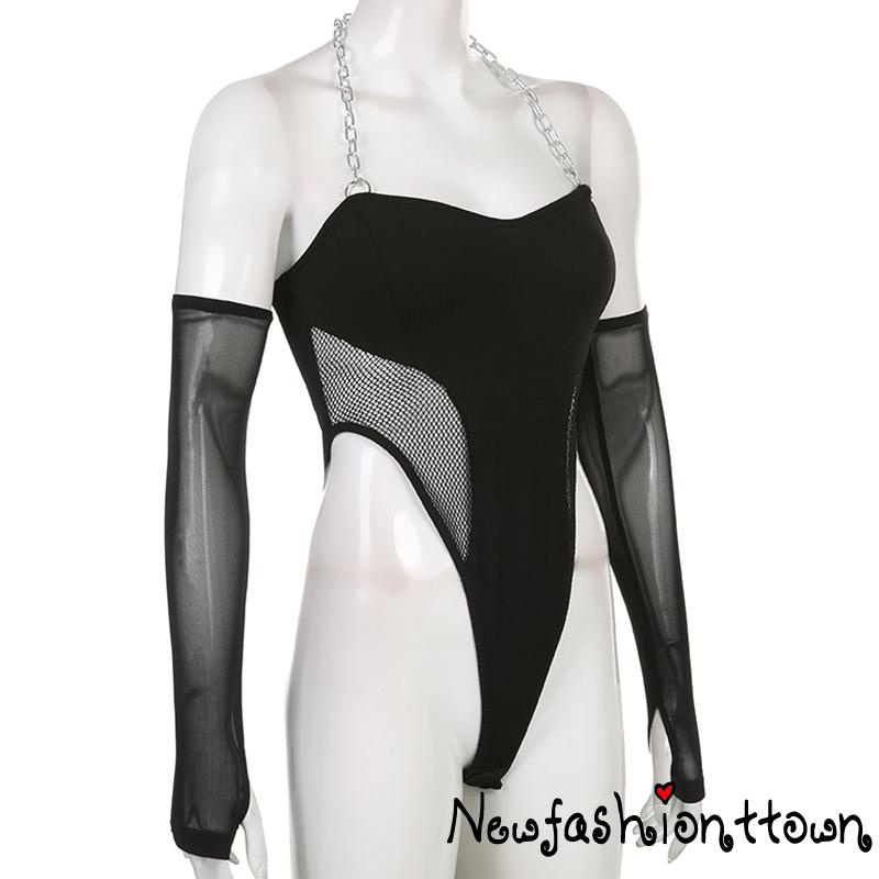 Nfashion Bộ Áo Liền Quần Phối Lưới Dây Xích + Tay Áo Cánh Tay Màu Đen Hợp Thời Trang Cho Nữ