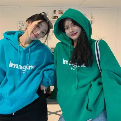 Áo Hoodie Nhung Dày Dặn Dáng Rộng In Chữ Đơn Giản