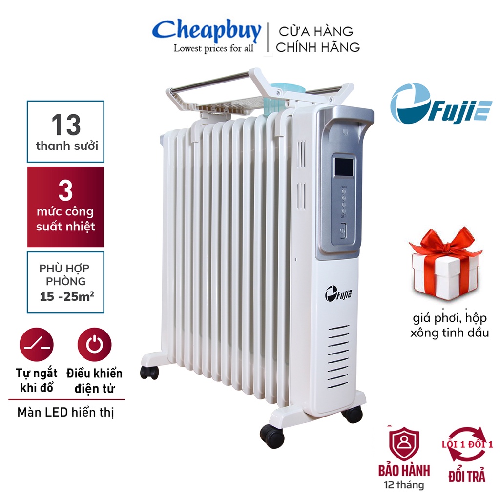 Máy sưởi dầu nhập khẩu CN Nhật Bản không khô da FUJIE OFR4413 13 thanh, sưởi điện tự ngắt không đốt oxi , BH 12 tháng