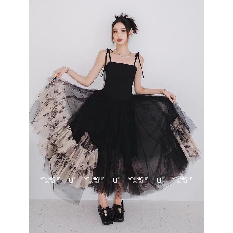 Đầm Hai Dây Màu Đen Phong Cách Retro Quyến Rũ Cho Nữ