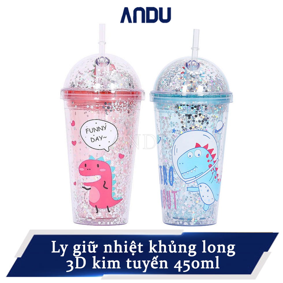 Ly Giữ Nhiệt Khủng Long 3D Kèm Ống Hút Kim Tuyến Nhiều Màu Sắc, Cốc Uống Nước Khủng long 3D 450ML