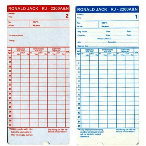 Thẻ giấy chấm công cho các dòng máy chấm công Ronald Jack, Wise eye, Akyo thẻ đẹp hàng loại 1 in chữ Ronald Jack