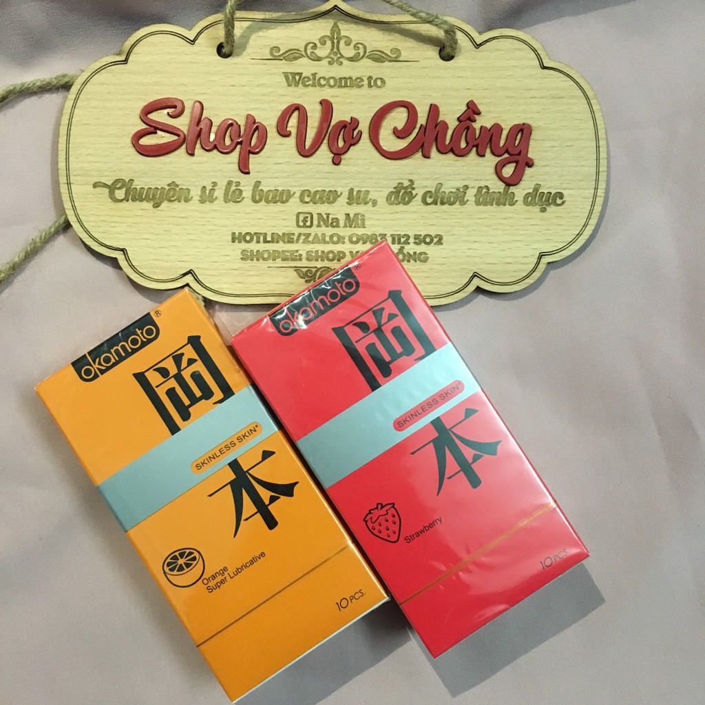 Bao cao su Okamoto hương dâu siêu mỏng Skiness Skin Strawberry - Hộp 10 chiếc