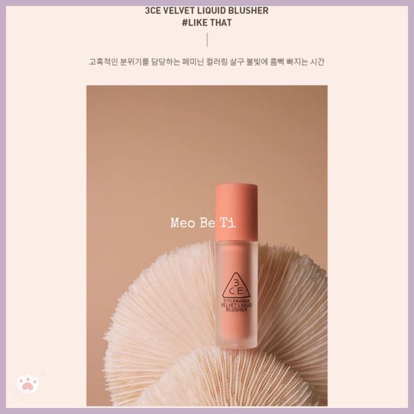 Phấn má 3CE Velvet Liquid Blusher sale 60%- màu Like That- cam đào