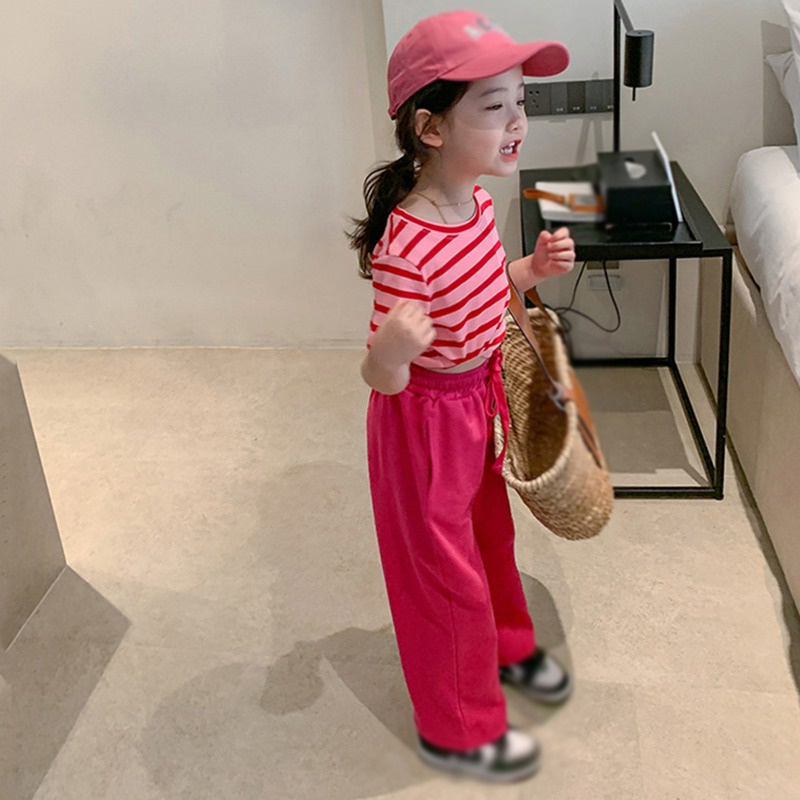 Set Áo Thun Tay Ngắn Kẻ Sọc Phối Quần Ống Rộng Thời Trang Hè Xinh Xắn Cho Bé Gái