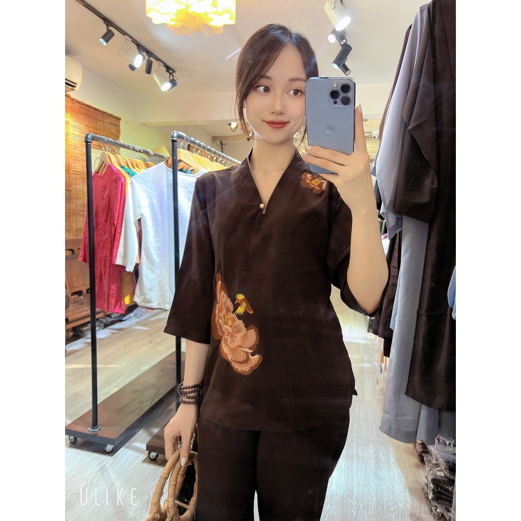SET QUẦN ÁO ĐI CHÙA VẢI MÁT - đồ lam Phật tử kate lụa mềm cao cấp - bộ đi lễ dáng xuông thêu 3D trên vai và thân áo B9