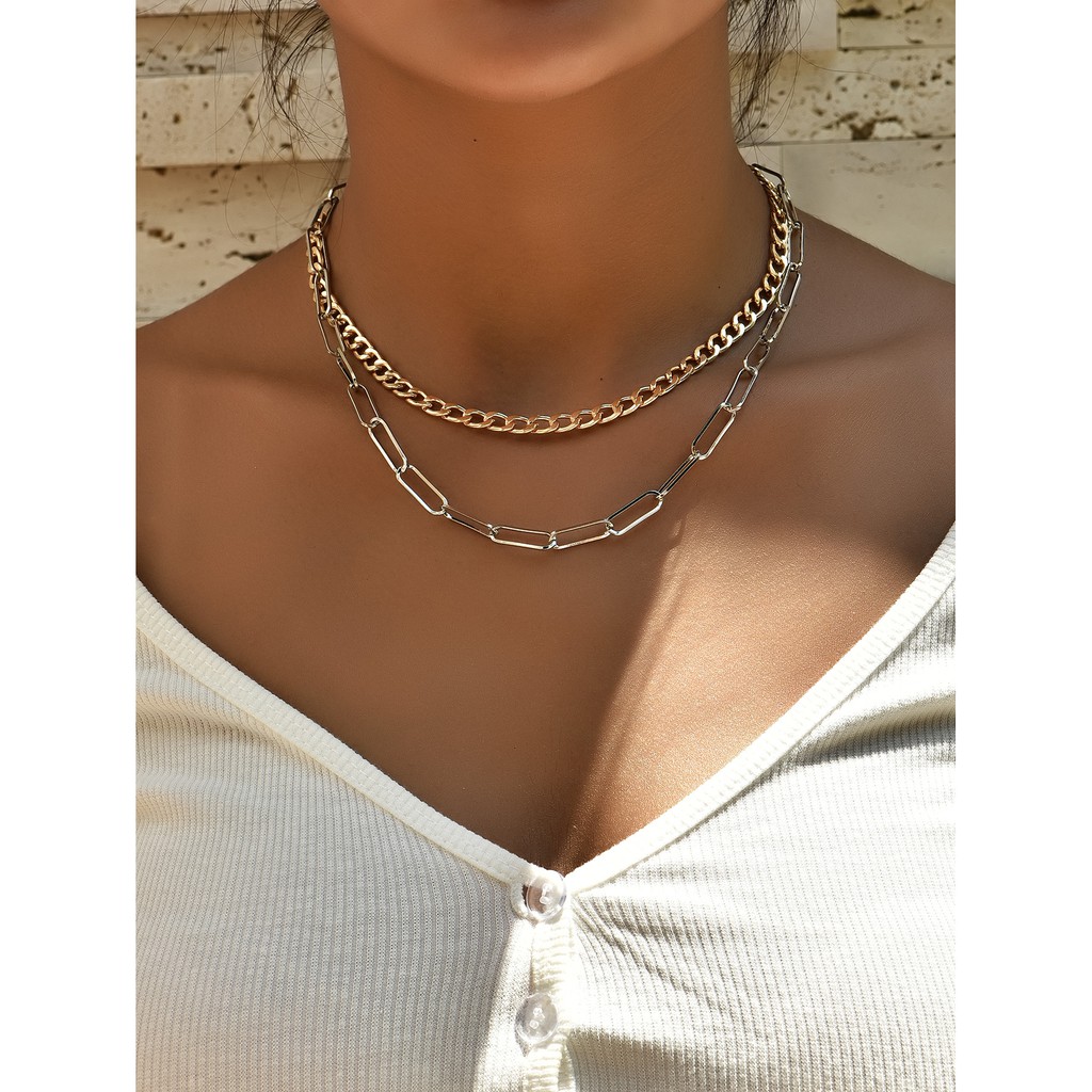 Bộ 2 dây chuyền vàng bạc cuban thời trang đơn giản hình học cho nữ giới XUYU