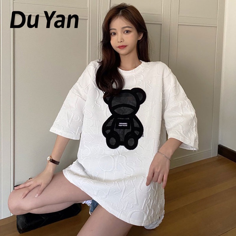 DU YAN Áo Thun Nữ Ngắn Tay Thêu Hình Gấu Thời Trang Hàn Quốc