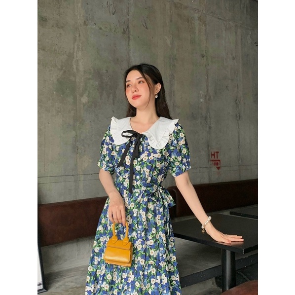 Đầm hoa công sở cổ tim trắng bầu mặc được Julie BT086