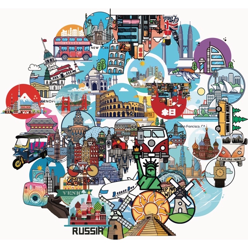 Set 100 Sticker city tour dán trang trí laptop guitar mũ bảo hiểm ván trượt chống nước cao cấp