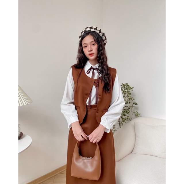 Set áo gile vest nữ dáng ngắn kèm chân váy dài 74b03 by germe