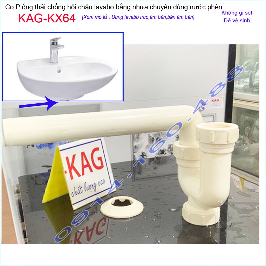 Ống thải lavabo KAG-KX64 nhựa 100%, ống xả co P chậu rửa mặt chống hôi có bầu lắng dễ vệ sinh không gỉ séc siêu bền