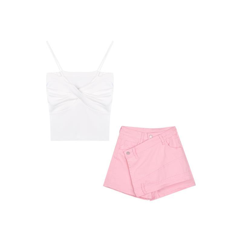 Jiashucheng Quần Short Jean Lưng Cao Dáng Ôm Không Đồng Đều Màu Hồng Phong Cách Mới Mùa Hè Cho Nữ