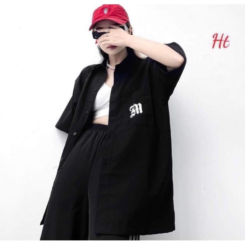 Áo sơ mi tay lỡ chữ M lượn cộc tay Ht
