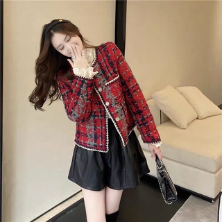 (SẴN) Áo dạ tweed đỏ viền