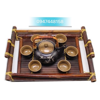 Bộ ấm chén Bát Tràng kèm khay tre - lòng chén nâu