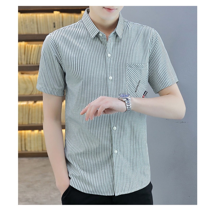 Áo Sơ Mi Nam Ngắn Tay Họa Tiết Kẻ Sọc Phong Cách Hàn Quốc Mới