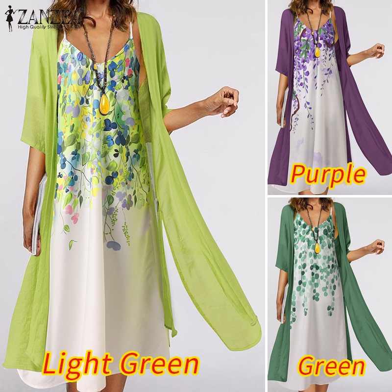 Set đầm hai dây và áo khoác cardigan ZANZEA màu trơn thời trang dành cho nữ