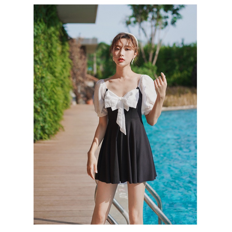 Bikini/váy bơi liền tay lửng phối nơ ngực phong cách tiểu thư kín đáo đi bơi đi biển hè M22