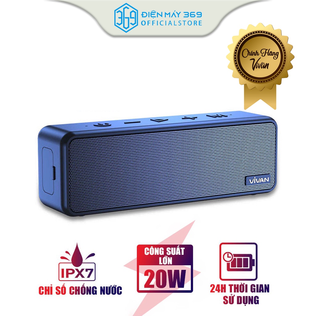 Loa Bluetooth 5.0 VIVAN VS20, Chống nươc IPX7, Hỗ trợ cổng AUX, Dung lượng Pin 3600mAh, Thời gian phát nhạc 24 tiếng