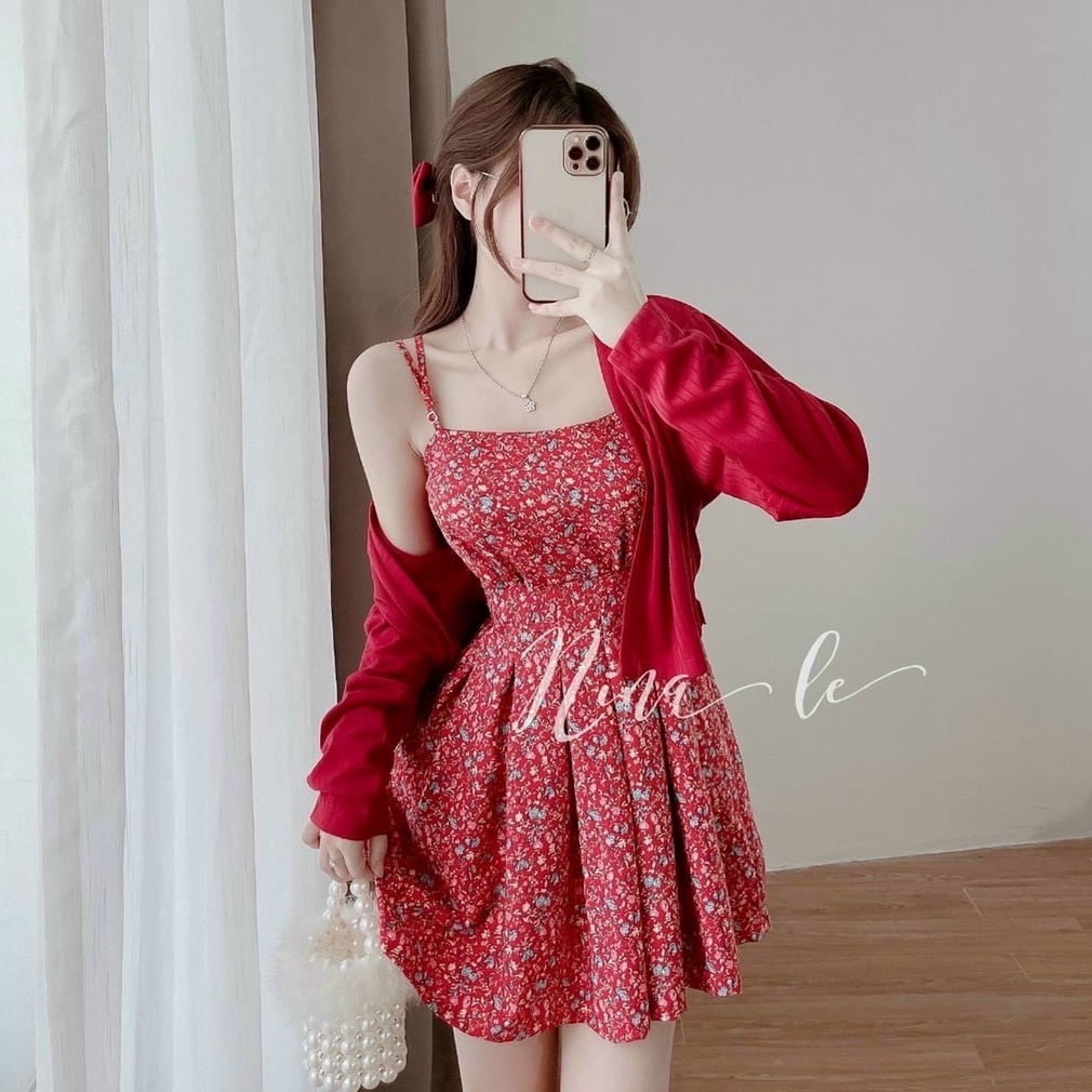 Đầm kiểu nữ hai dây dáng xòe in họa tiết kèm áo khoác ngoài diẹu dàng GKM