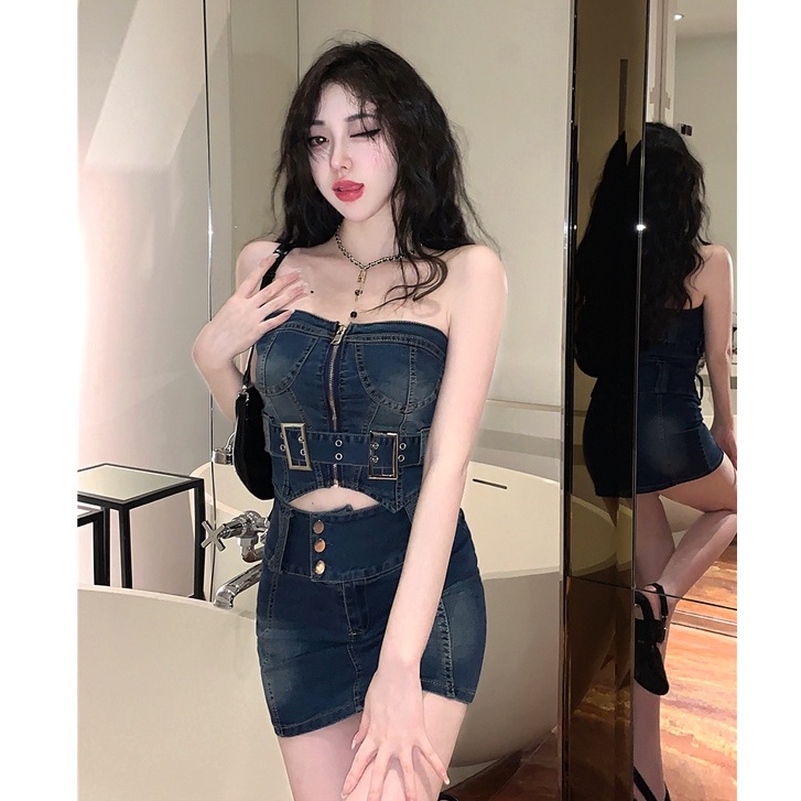 Bộ Áo Denim Không Tay + Chân Váy Denim Eo Cao Phong Cách Retro Trung Hoa Độc Đáo Thời Trang Mùa Hè Cho Nữ