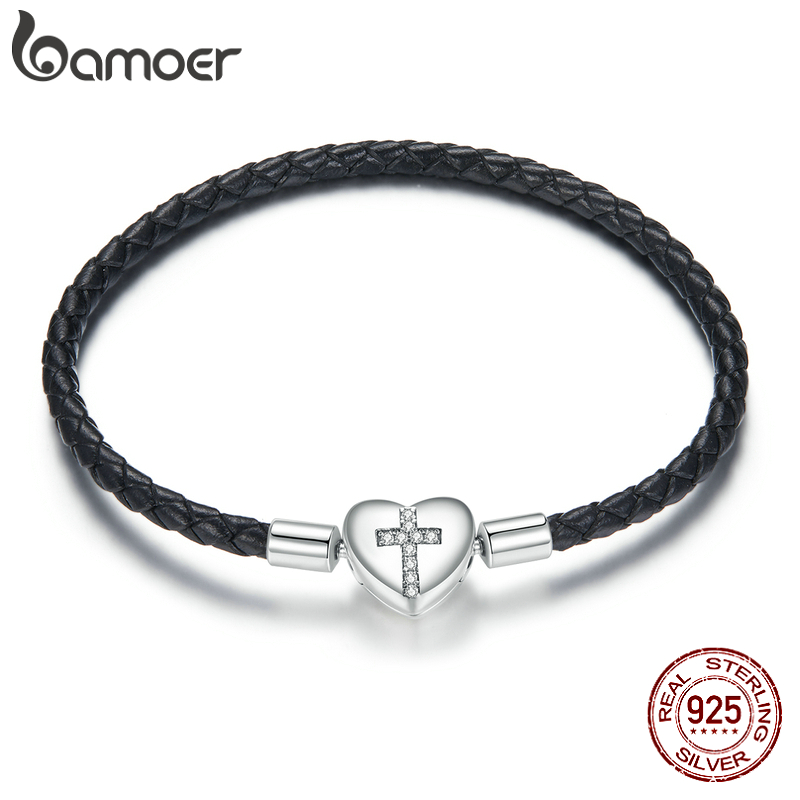 Vòng Tay Bamoer SCB205 Bằng Da Thật & Bạc Thật 925 Bạch Kim Mặt Thánh Giá Khảm Đá Zircon Thời Trang Cho Nữ