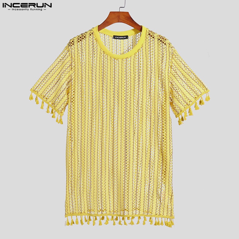 INCERUN Áo Ba Lỗ Trong Suốt Kẻ Sọc Dáng Rộng Phối Tua Rua Phong Cách Retro Dành Cho Nam Giới