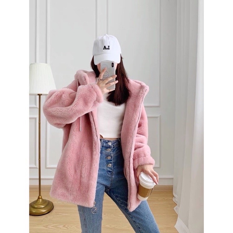 Áo Khoác Lông Xanh Và Hồng JOLIE Unisex  Khoát form rộng tay bồng kiểu dáng hàn quốc trẻ trung đẹp